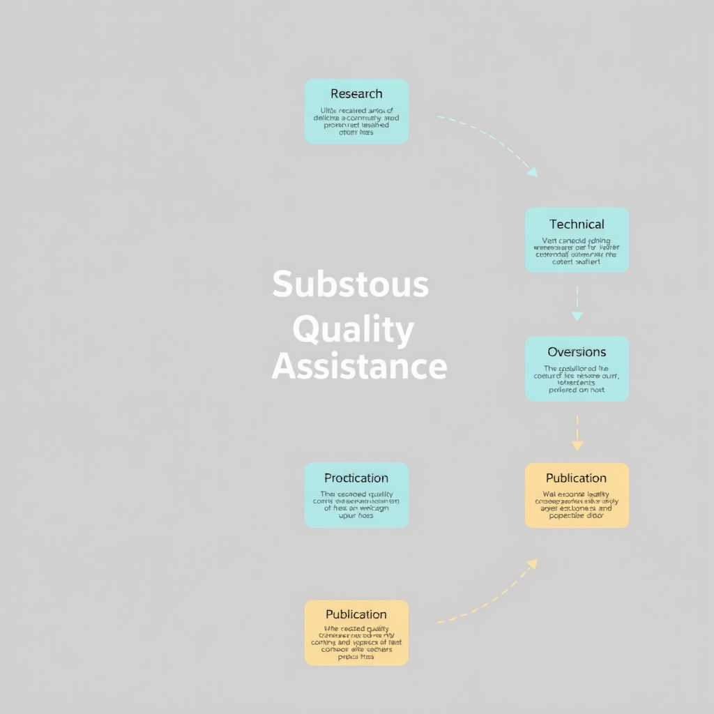 Flowchart visualization showing comprehensive quality assurance process for content creation, including research, technical review, editorial oversight, and publication stages with checkpoints and verification steps