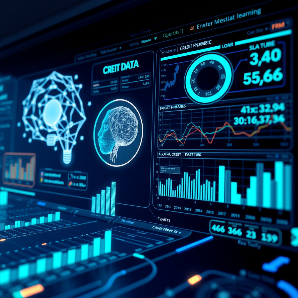 Futuristic digital interface showing machine learning algorithms analyzing credit data with glowing neural network patterns, holographic financial charts, and AI-powered risk assessment visualizations in deep blue and electric teal colors