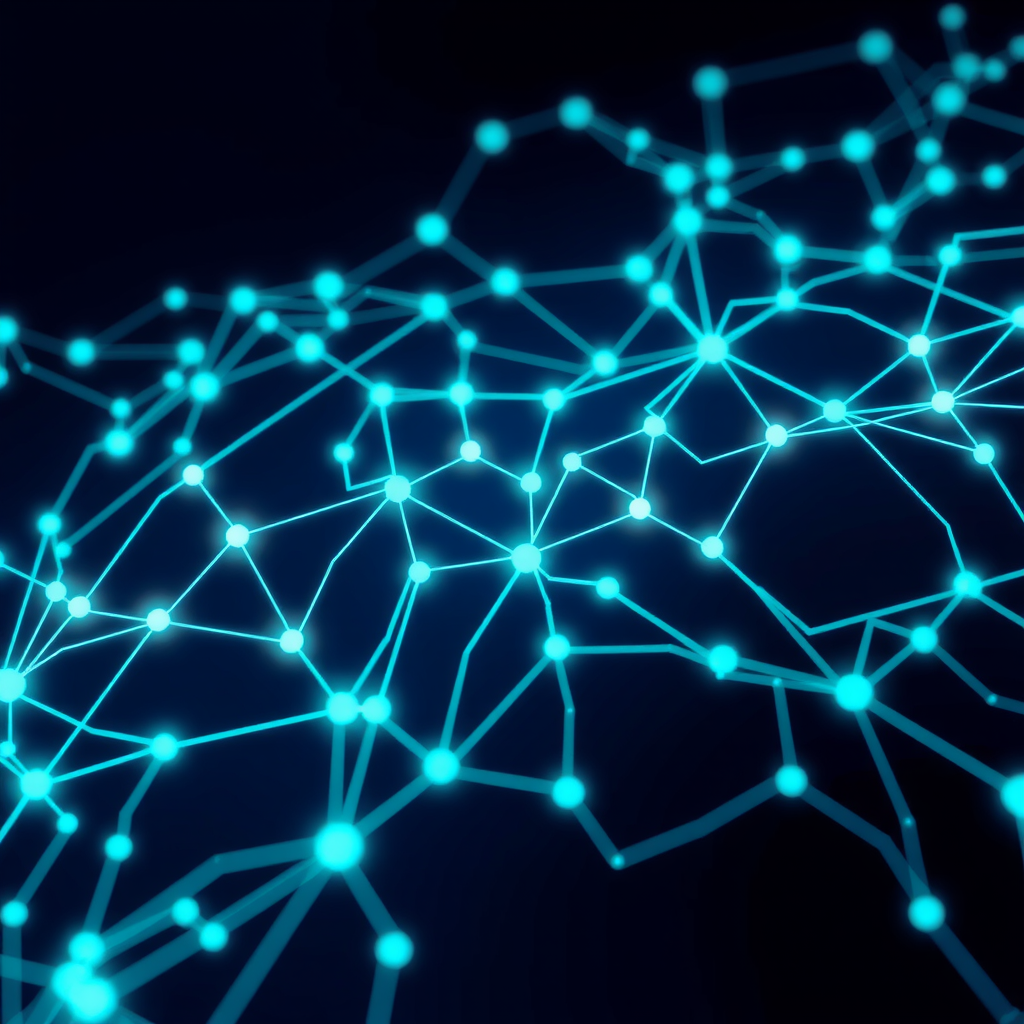 Abstract futuristic AI neural network pattern with glowing teal circuit connections and geometric nodes on deep space blue background