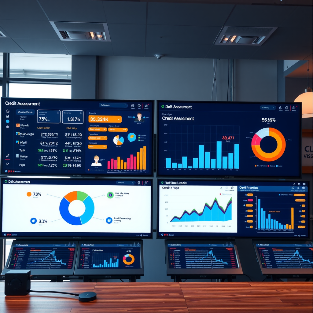 Modern banking interface showing AI-powered credit assessment dashboard with data visualizations, machine learning models, and real-time analytics on multiple screens in a UK financial institution