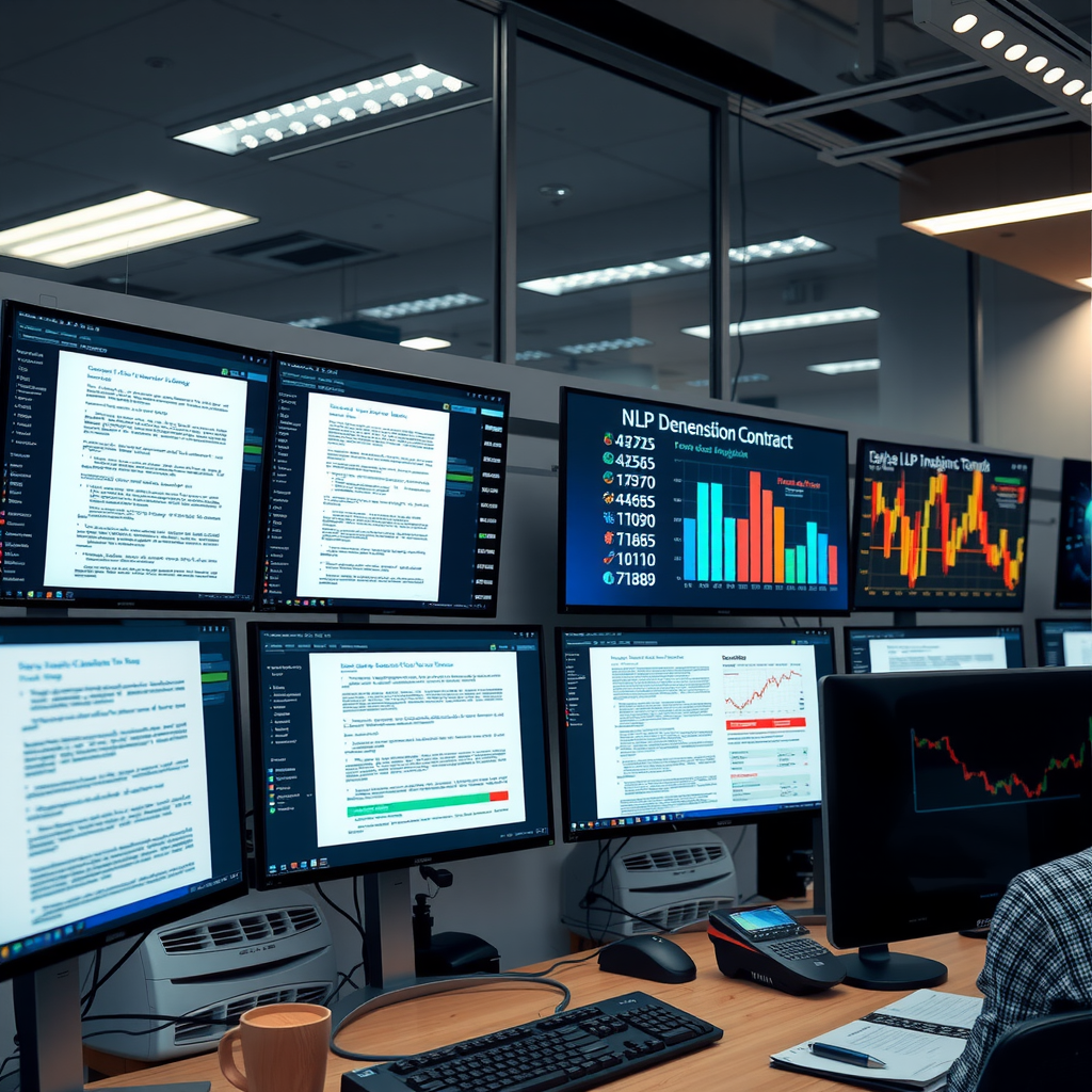 Modern office environment showing multiple computer screens displaying financial documents being processed by AI, with glowing data streams and NLP analysis visualizations overlaying contract text and regulatory forms