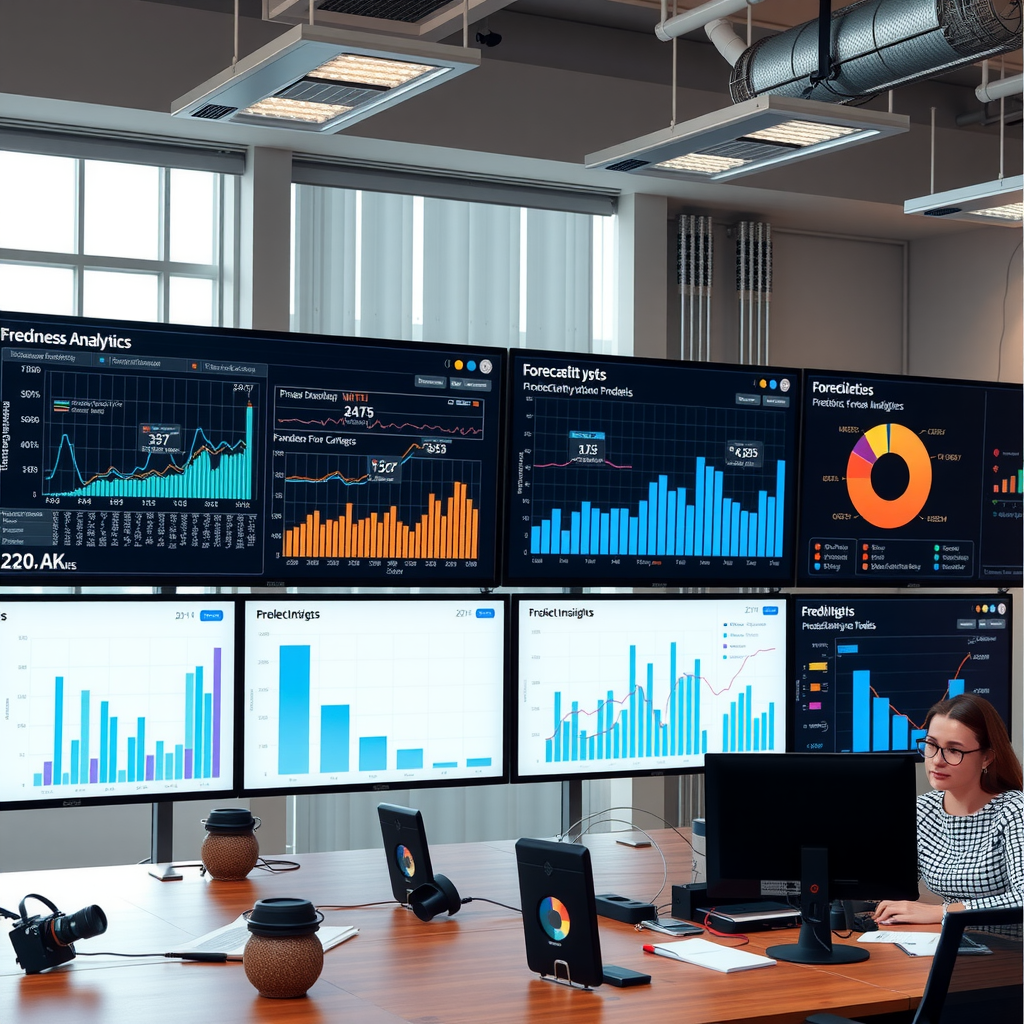 Modern business analytics dashboard showing predictive forecasting models with data visualizations, trend lines, and AI-powered insights on multiple screens in a professional UK office environment