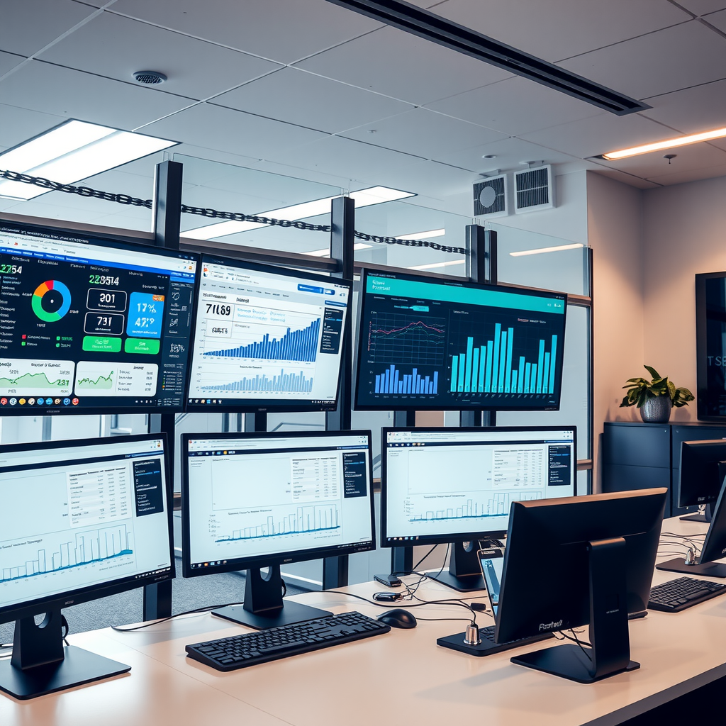 Modern UK finance department office with multiple computer screens displaying automated workflow dashboards, robotic process automation interfaces, and financial data analytics in a sleek, technology-driven environment