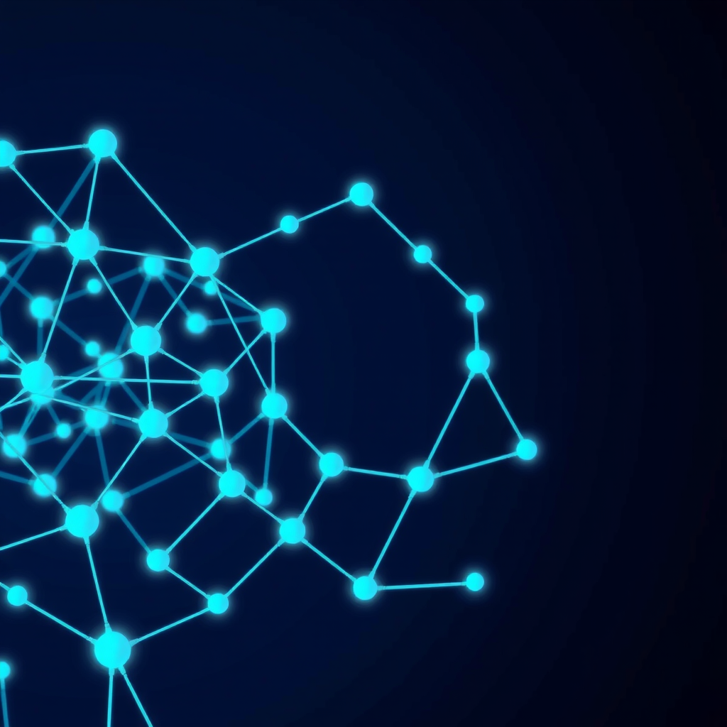 Futuristic visualization of neural network architecture with LSTM layers processing financial time series data, featuring interconnected nodes with glowing teal connections against a dark blue background, representing AI-driven market analysis