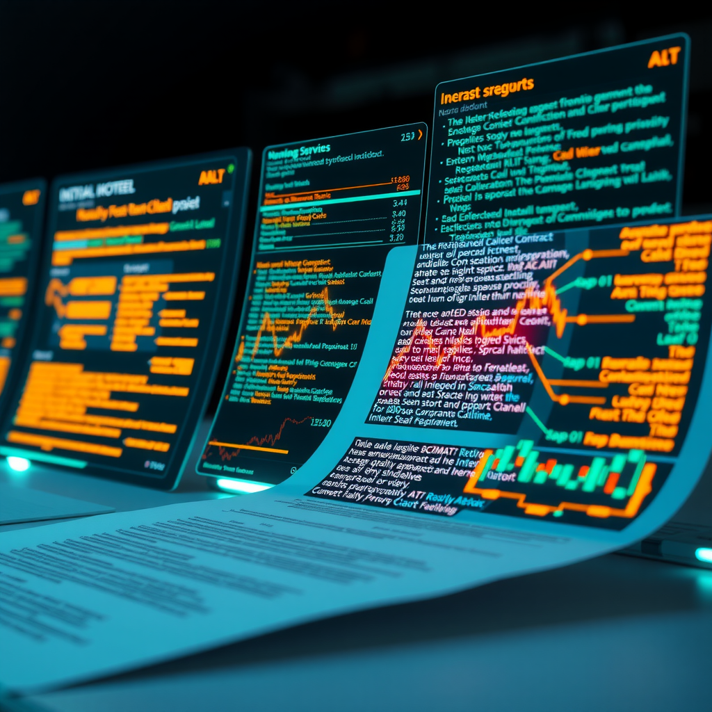 Advanced natural language processing system analyzing financial documents with glowing text recognition patterns, automated contract parsing visualizations, and AI-powered document classification in futuristic tech aesthetic with teal accents