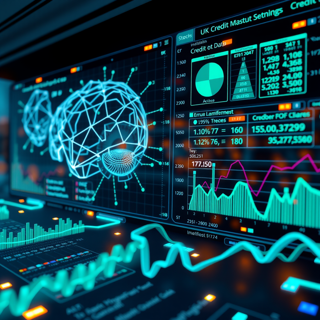 Futuristic visualization of machine learning algorithms analyzing credit data with neural network patterns, digital graphs showing creditworthiness scores, and UK banking institution interfaces with glowing teal data streams