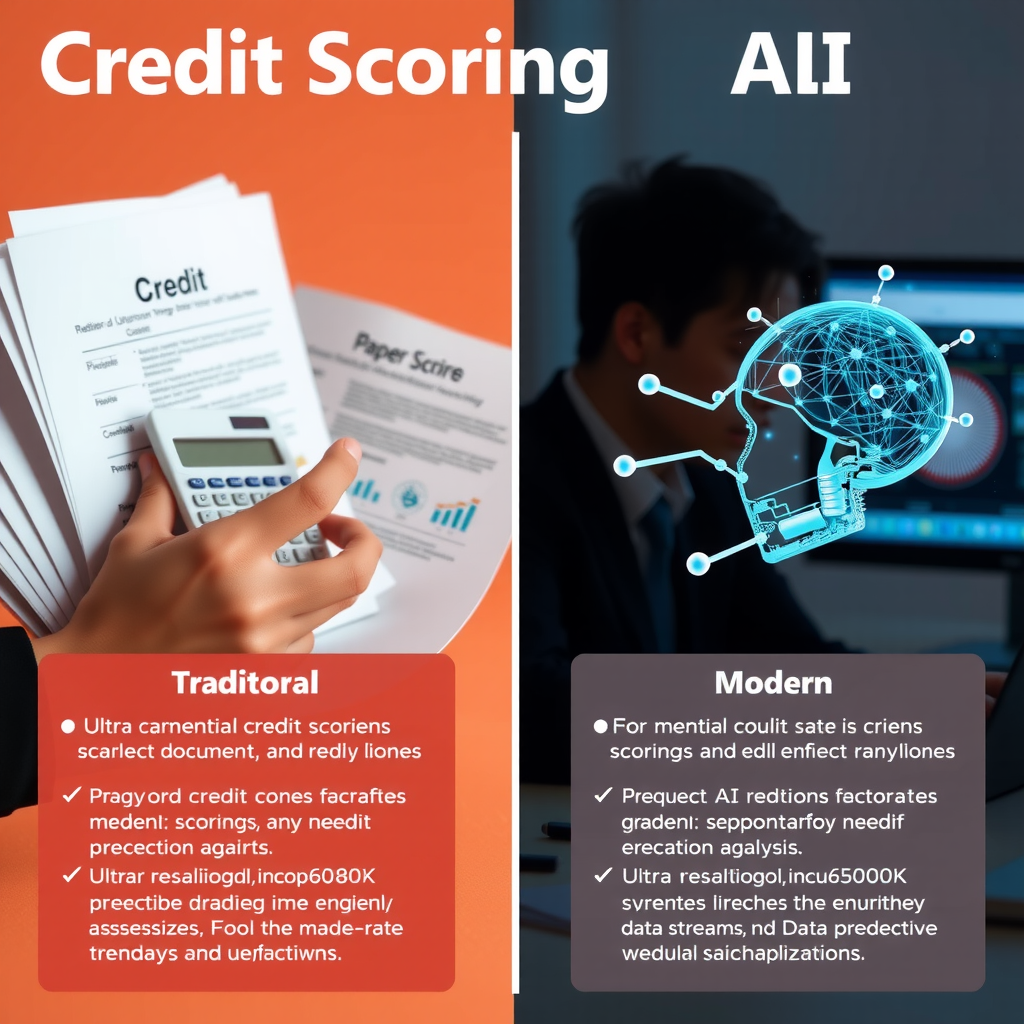 Side-by-side comparison infographic showing traditional credit scoring methods with paper documents and calculators versus modern AI-driven assessment with neural networks, data streams, and predictive analytics visualizations