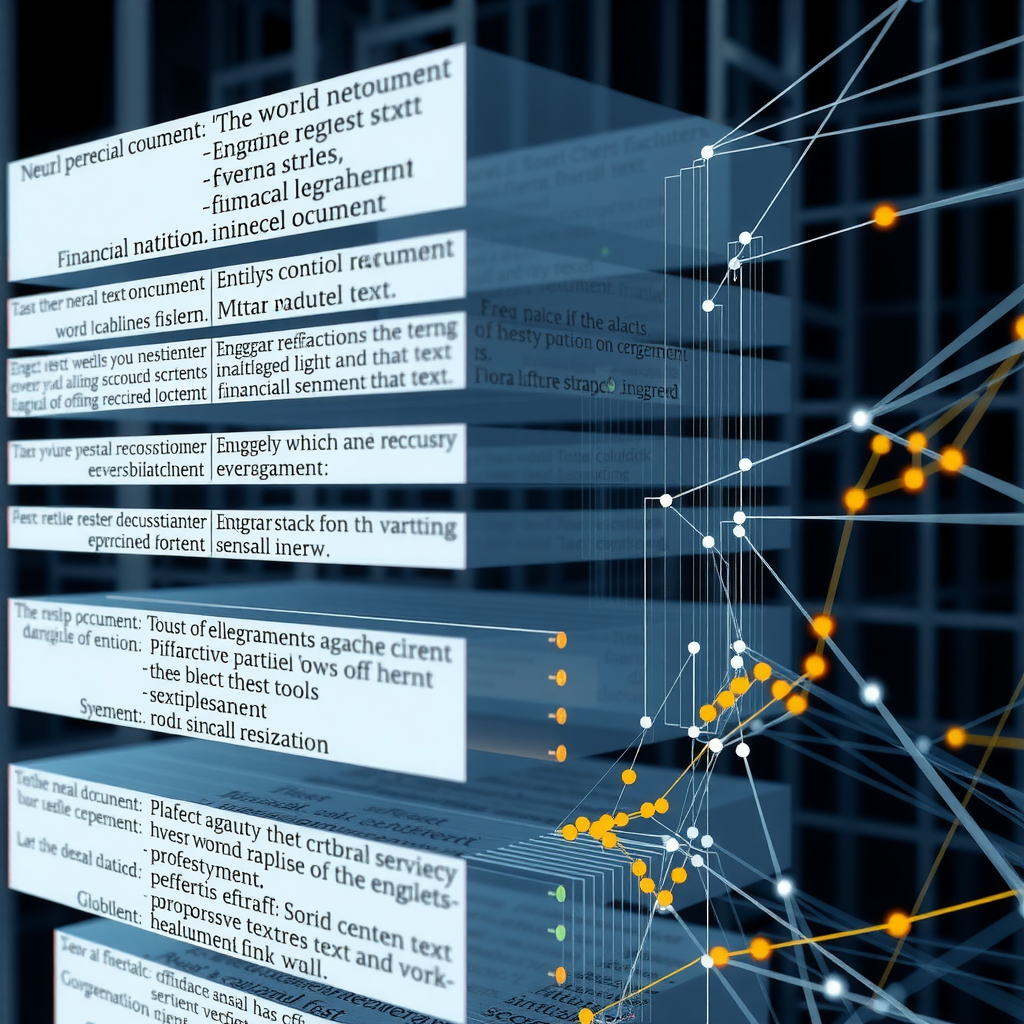 Detailed visualization of a neural network architecture processing financial document text, showing layers of analysis from word recognition through semantic understanding, with highlighted connections representing entity relationships and sentiment analysis