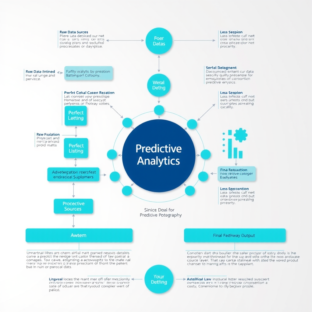 Detailed diagram showing the flow of data through a predictive analytics system, from raw data sources through processing layers to final forecasting outputs, with interconnected nodes and data pathways highlighted in teal