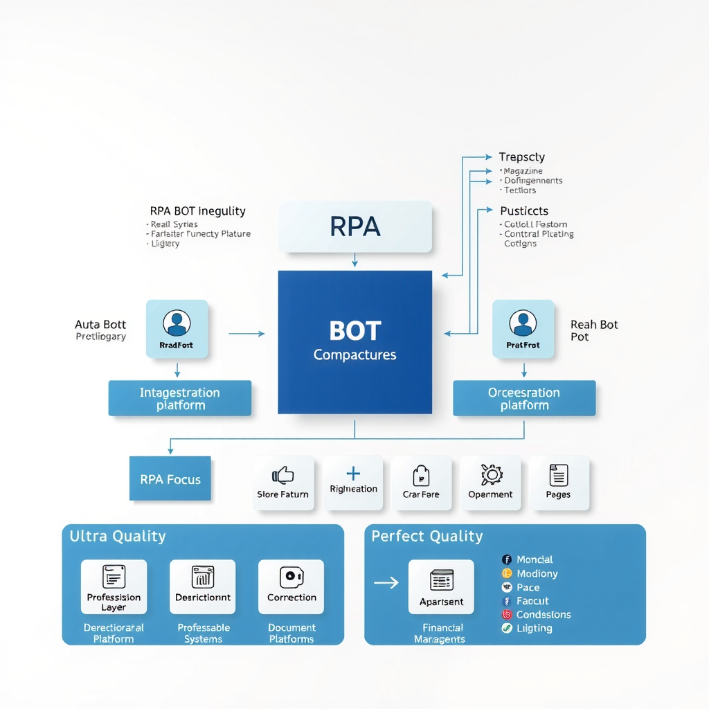 Detailed technical architecture diagram showing RPA bot components, integration layers, orchestration platform, and connections to various financial systems including ERP, banking platforms, and document management systems