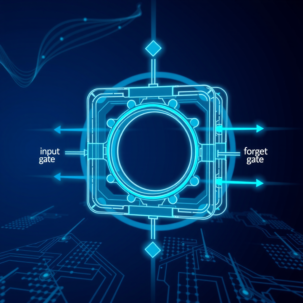Detailed technical diagram of an LSTM cell structure showing input gate, forget gate, and output gate mechanisms processing financial data streams, with mathematical notation and data flow arrows in electric teal against deep space blue background