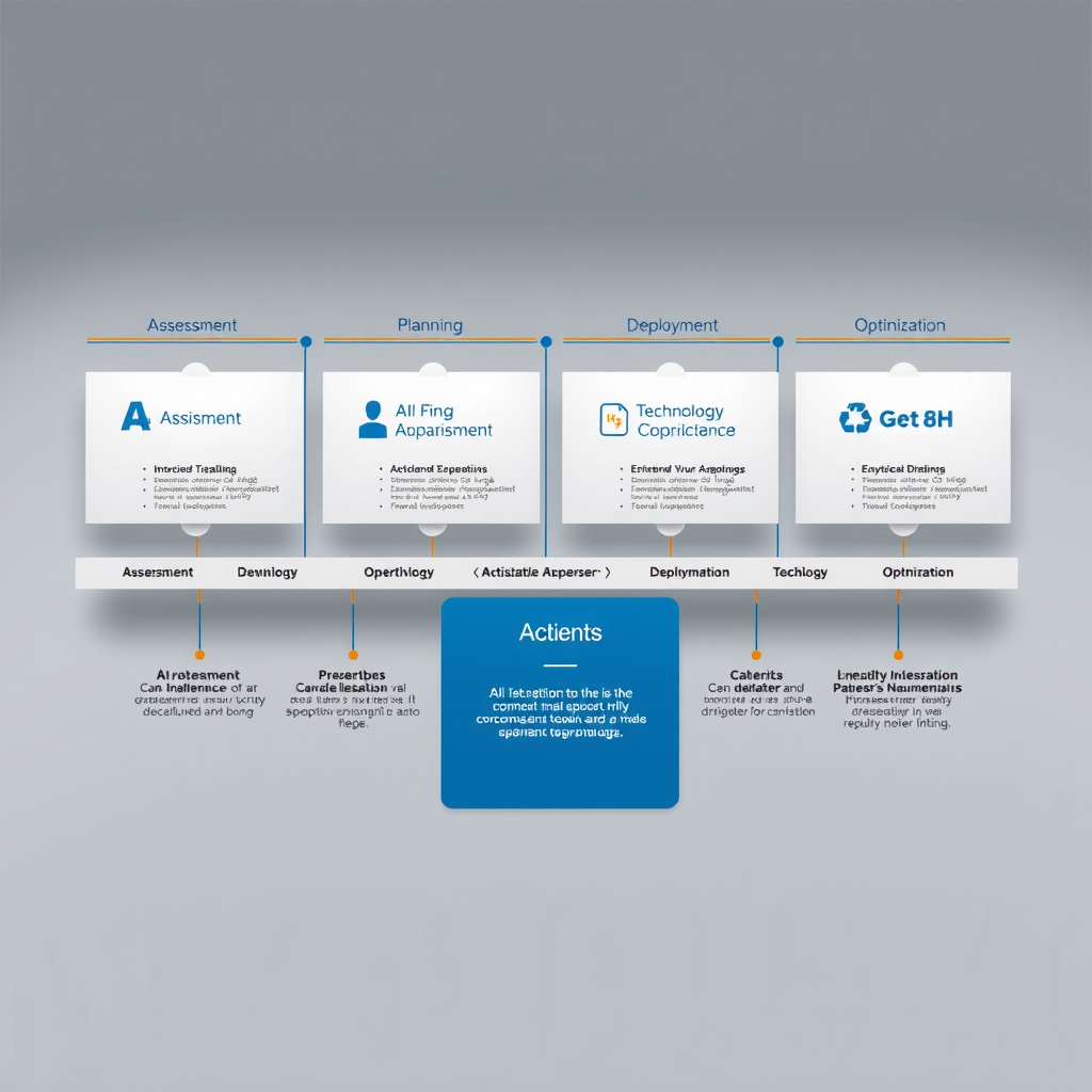 Strategic planning visualization showing AI implementation roadmap with interconnected phases including assessment, planning, deployment, and optimization stages, featuring digital workflow diagrams and technology integration points