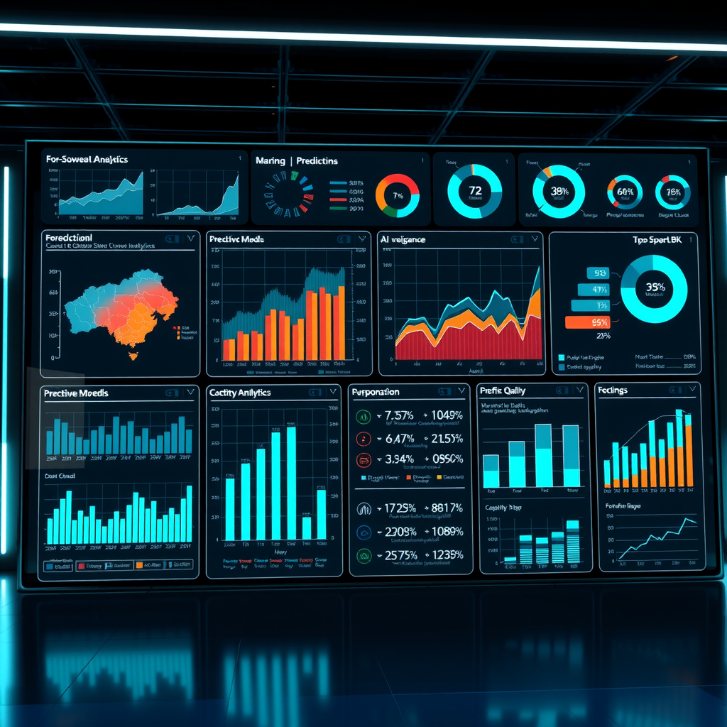 Sophisticated predictive analytics dashboard displaying AI-powered forecasting models, data visualization charts, business intelligence metrics, and machine learning prediction algorithms in futuristic interface with electric teal highlights