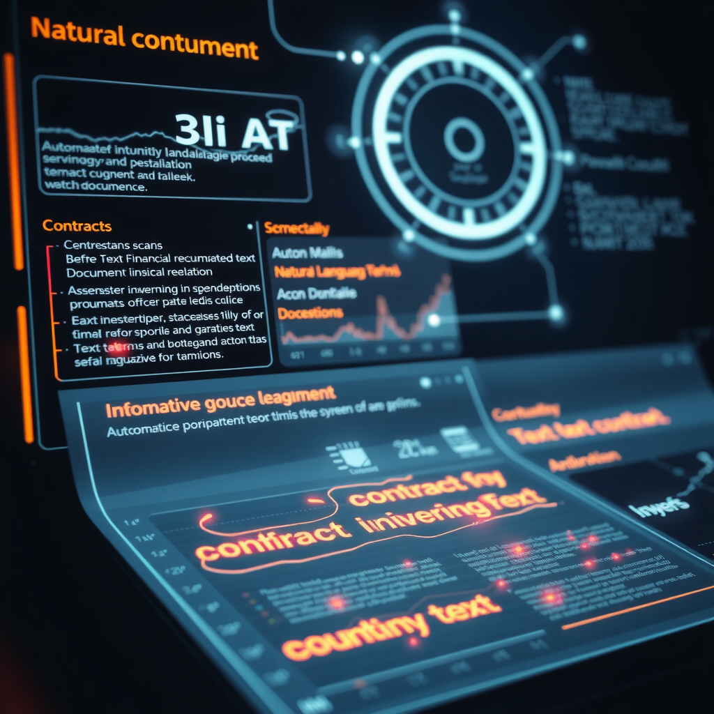 Advanced natural language processing interface showing automated analysis of financial documents, contracts being scanned with AI highlighting key terms, and digital workflow automation with glowing text recognition patterns