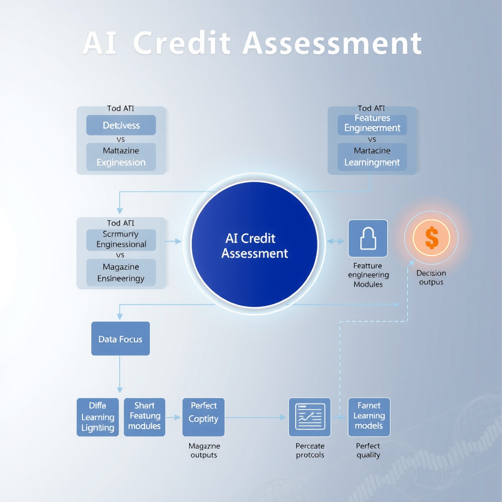 Technical diagram showing data flow in AI credit assessment system, with multiple data sources feeding into processing layers, feature engineering modules, machine learning models, and decision outputs with security protocols