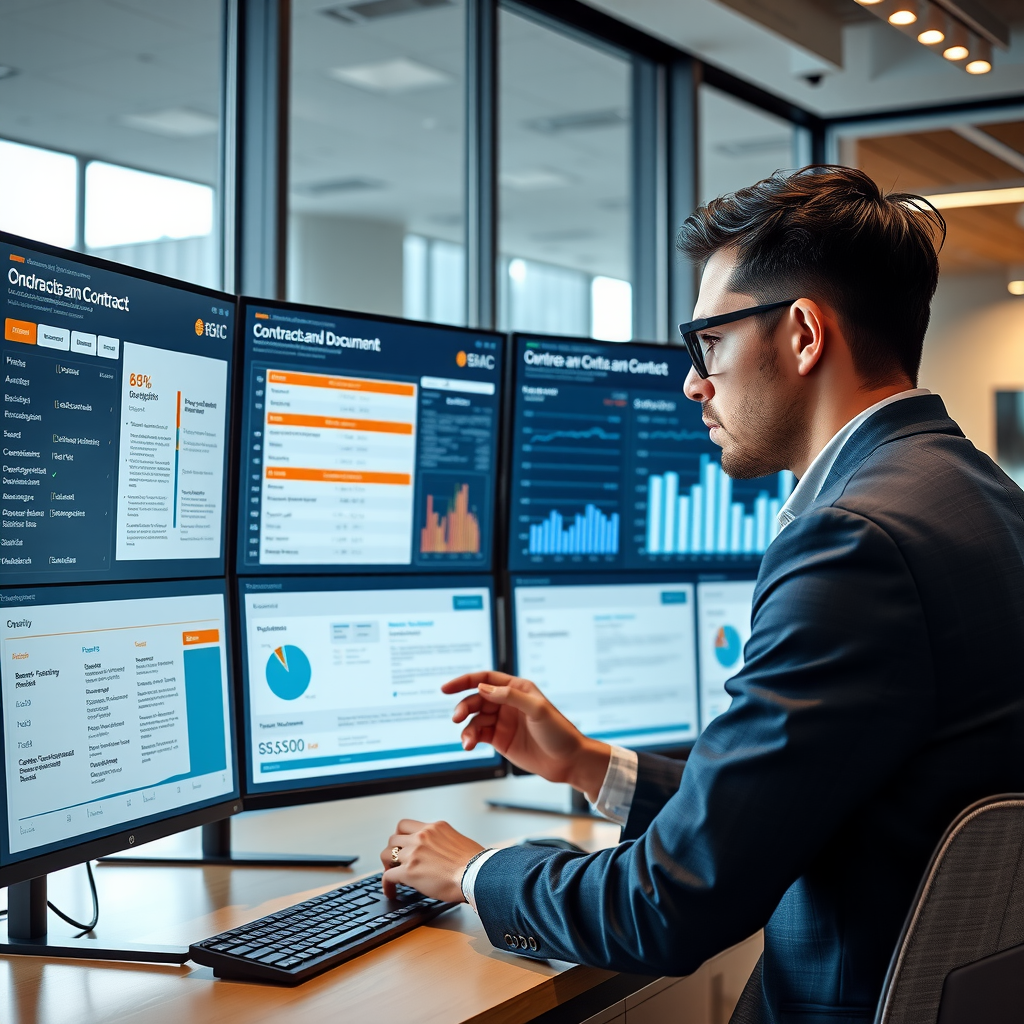 Professional financial analyst in modern London office reviewing an AI-powered dashboard displaying automated analysis of contracts and regulatory documents, with highlighted key terms, risk indicators, and compliance checkpoints visible on large monitors