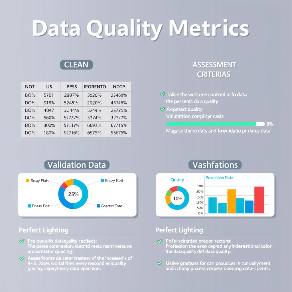 Visual representation of data quality metrics and assessment criteria, showing clean versus problematic data examples, validation checkpoints, and quality scoring dashboards with percentage indicators and status flags