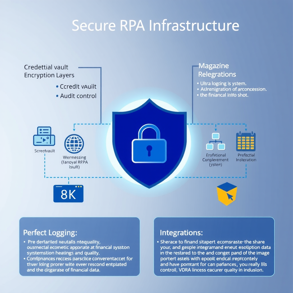 Secure RPA infrastructure diagram showing credential vault, encryption layers, audit logging system, and access control mechanisms protecting financial data and system integrations