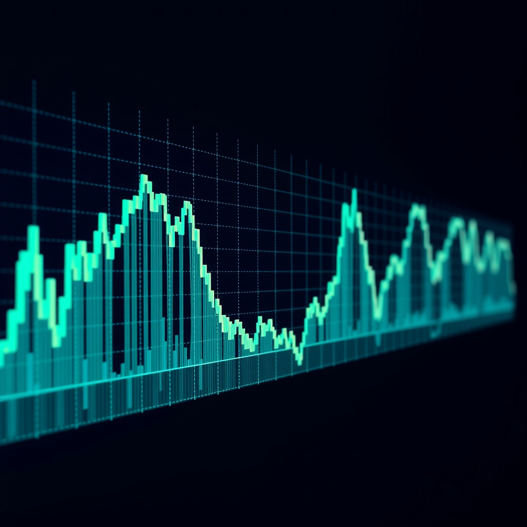 Visualization of attention mechanism in action, showing heat map of attention weights across financial time series data, with bright teal highlights indicating key market events and patterns that the model focuses on, set against midnight navy background