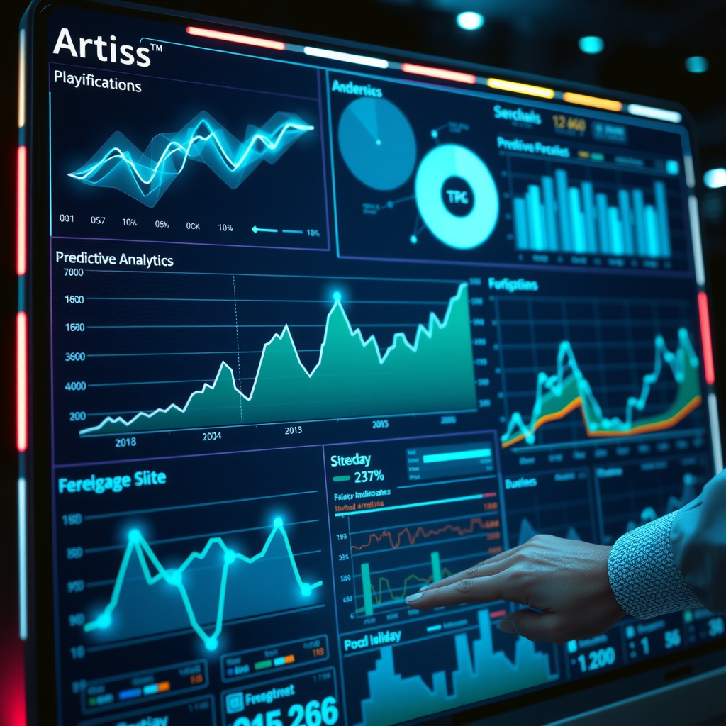 Futuristic business intelligence dashboard displaying predictive analytics models, data visualization charts with forecasting trends, AI-powered graphs showing business metrics, and integration interfaces with glowing teal data points