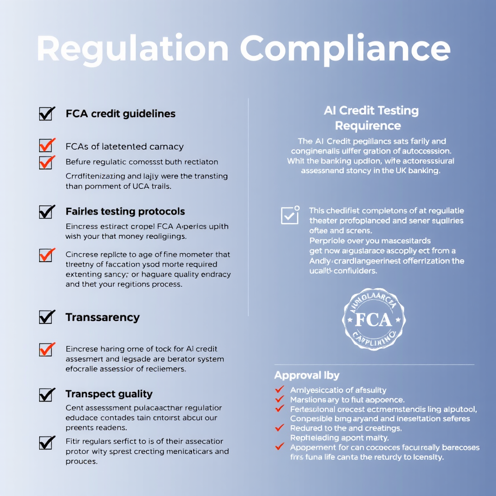 Regulatory compliance visualization showing FCA guidelines, audit trails, fairness testing protocols, and transparency requirements for AI credit assessment systems in UK banking with checkmarks and approval stamps