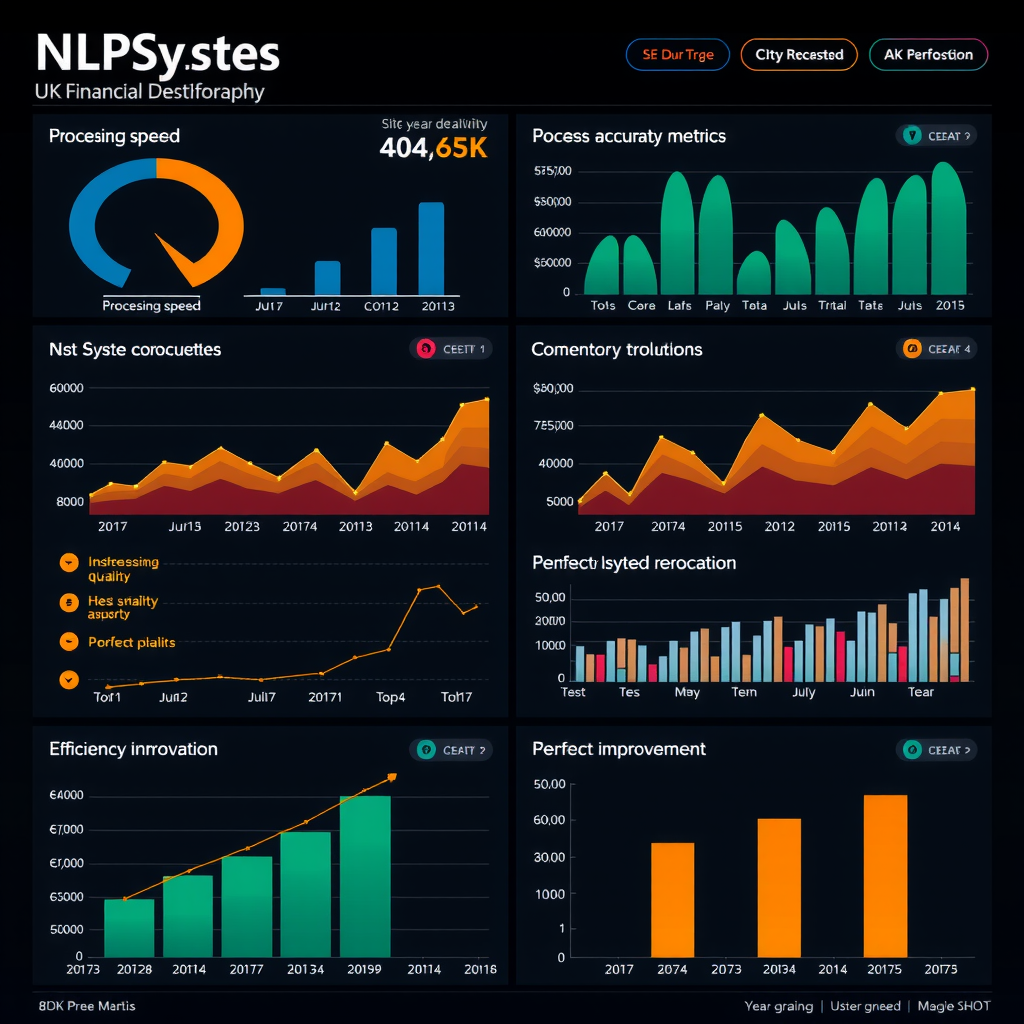 Comprehensive analytics dashboard displaying NLP system performance metrics including processing speed graphs, accuracy trend lines, cost savings calculations, and efficiency improvement charts with year-over-year comparisons for UK financial institution