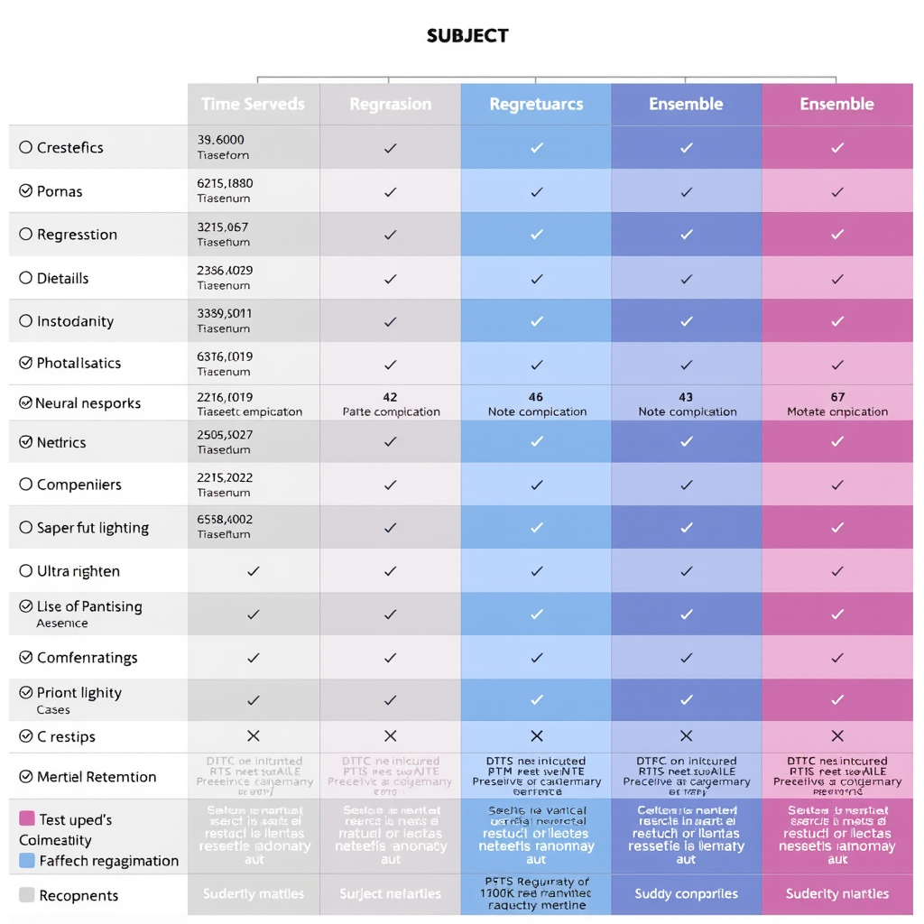 Comprehensive comparison matrix showing different predictive modeling approaches including time series, regression, neural networks, and ensemble methods, with accuracy metrics, complexity ratings, and use case recommendations displayed in a structured grid format