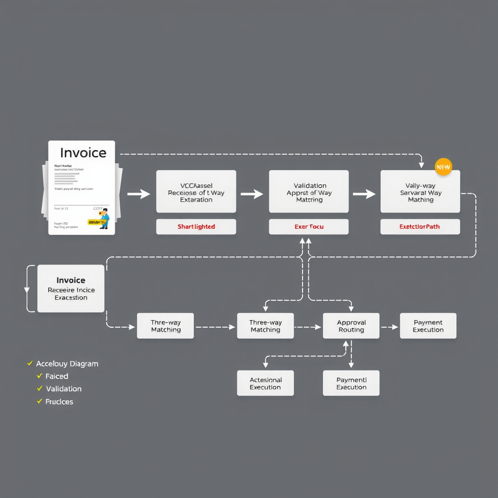 Detailed workflow diagram showing automated invoice processing steps from receipt through OCR extraction, validation, three-way matching, approval routing, and payment execution with exception handling paths