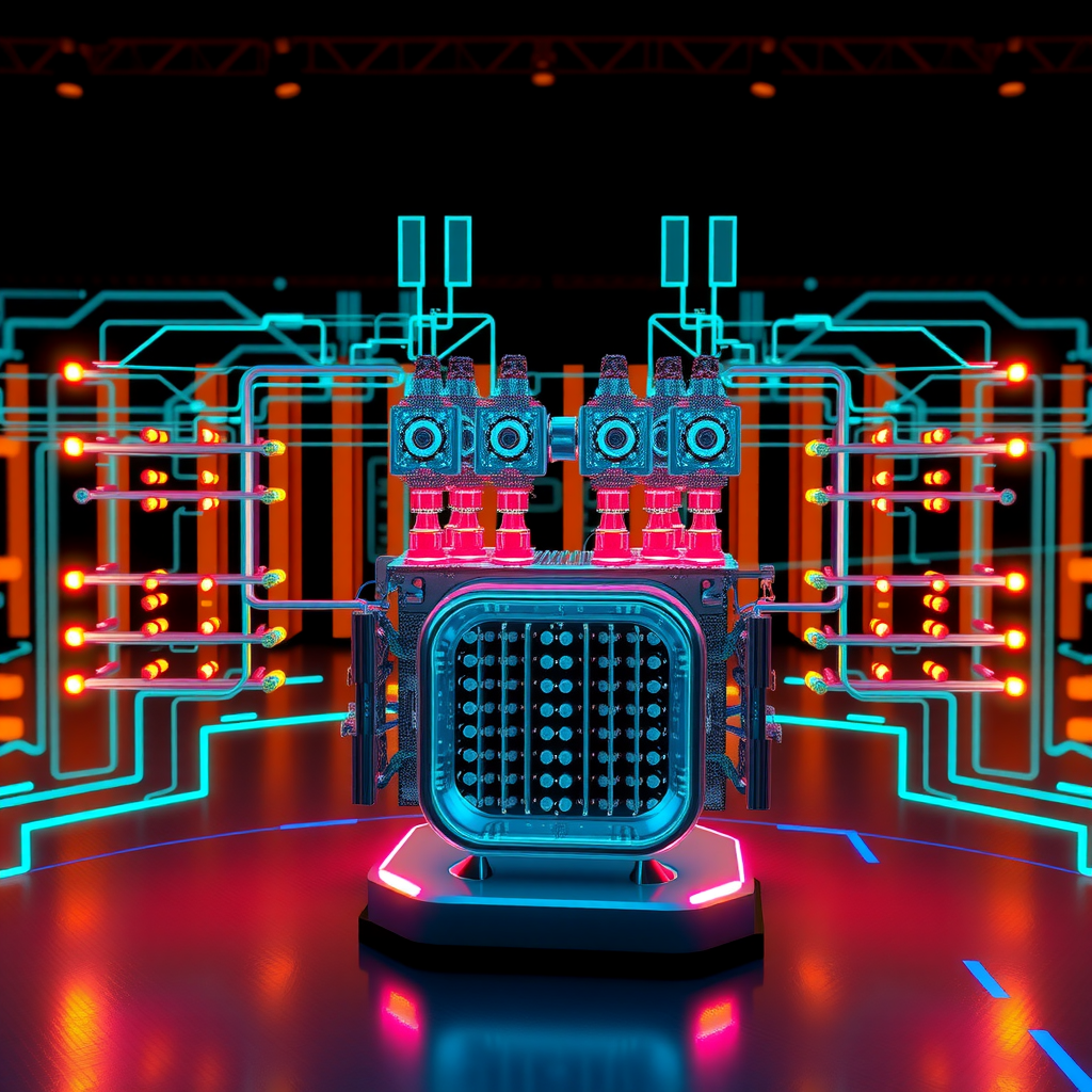 Comprehensive diagram of transformer architecture processing multiple financial data streams in parallel, showing encoder-decoder structure with multi-head attention layers, positional encoding, and feed-forward networks, rendered in futuristic style with glowing teal connections