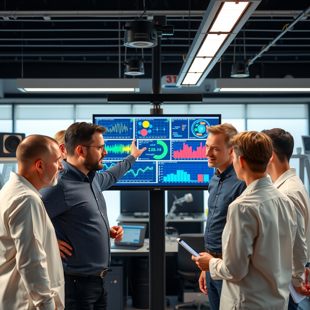 Group photo of AI research specialists collaborating around a digital display showing machine learning models and data analytics visualizations in a modern technology workspace