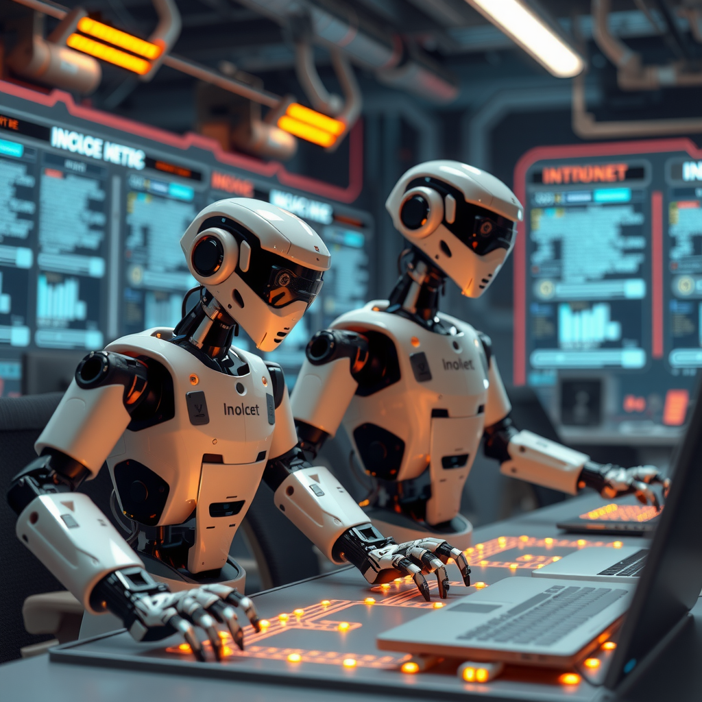 Robotic process automation system showing automated invoice processing workflows, digital robots handling financial reconciliation tasks, streamlined finance department operations with glowing automation pathways and efficiency metrics