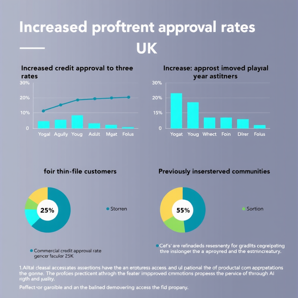 Data visualization showing increased credit approval rates across different demographic groups in UK, with charts displaying improved access for young adults, thin-file customers, and previously underserved communities through AI assessment