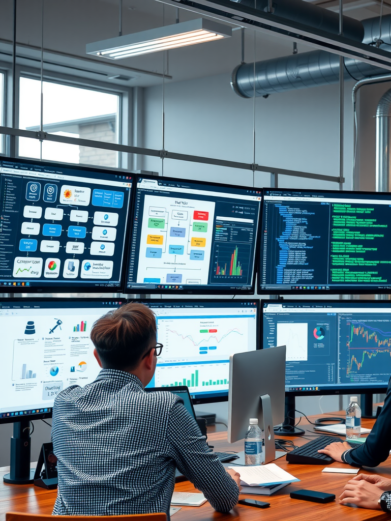 Technical team in modern office collaborating on NLP system integration, with multiple screens showing system architecture diagrams, data flow charts, and code repositories, depicting the complexity of connecting AI analytics tools with existing financial infrastructure