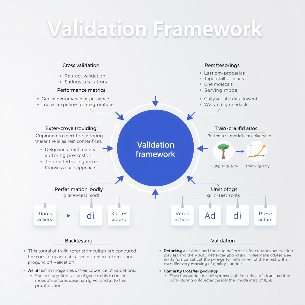 Detailed validation framework diagram showing cross-validation techniques, performance metrics calculation, backtesting procedures, and model comparison methodologies with visual representations of train-test splits and validation cycles