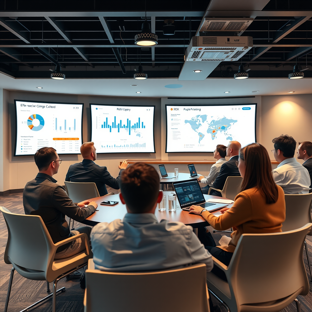Modern training room with finance professionals learning RPA technology, viewing automation dashboards on large screens, and participating in hands-on bot development exercises
