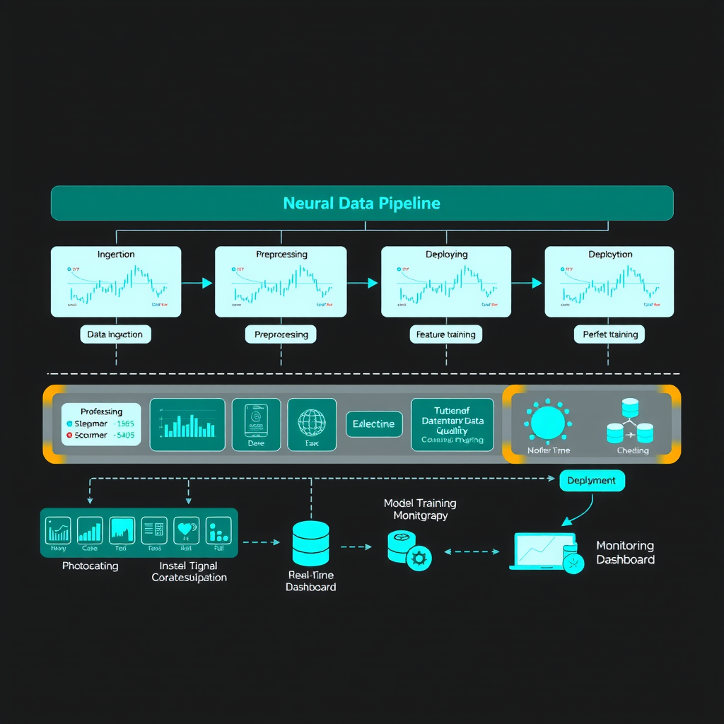 Technical diagram showing end-to-end financial data pipeline architecture for neural network training, including data ingestion, preprocessing, feature engineering, model training, and deployment stages, with monitoring dashboards and real-time data flows illustrated in electric teal