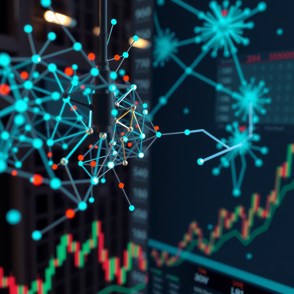 Complex neural network architecture visualization with LSTM layers analyzing financial time series data, transformer models processing market trends, attention mechanisms highlighting key patterns in glowing teal connections across digital market charts