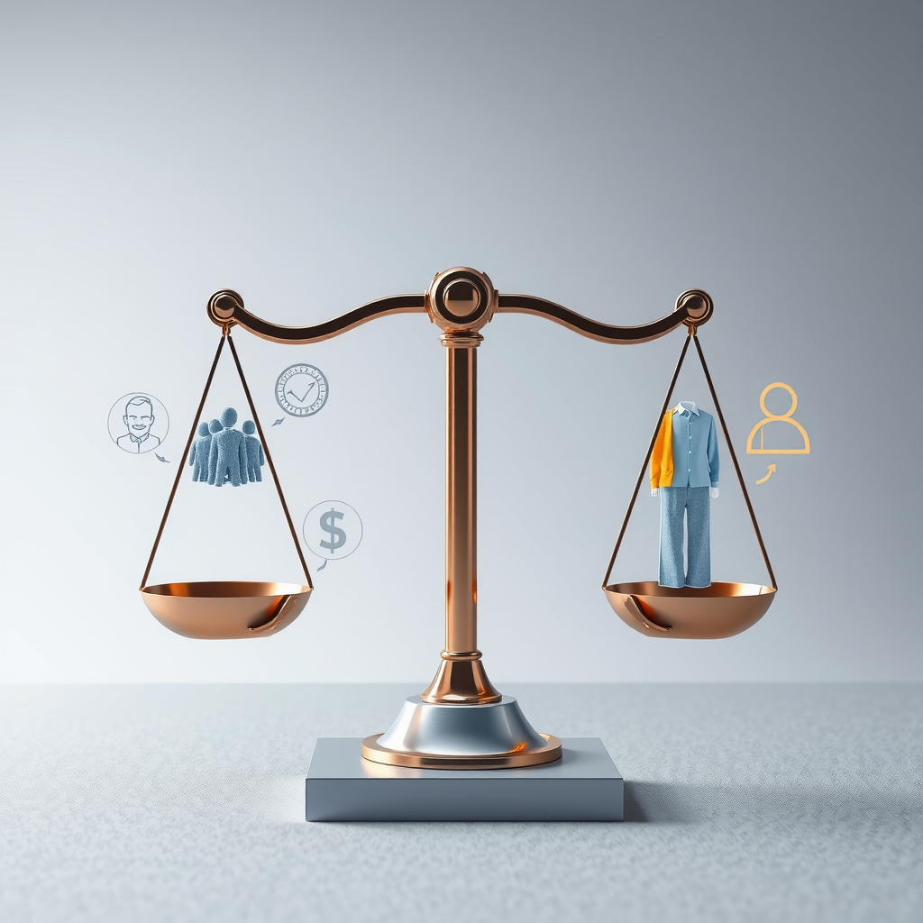Conceptual illustration of ethical AI framework in banking, showing balance scales, diverse community representations, transparency symbols, and accountability measures integrated into credit assessment technology