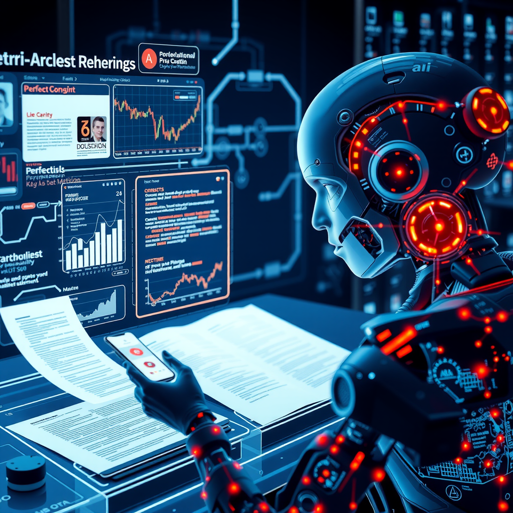 Futuristic visualization of advanced AI system analyzing financial documents with holographic displays showing real-time processing of contracts, regulatory filings, and market data, with interconnected neural pathways and data streams representing next-generation NLP capabilities