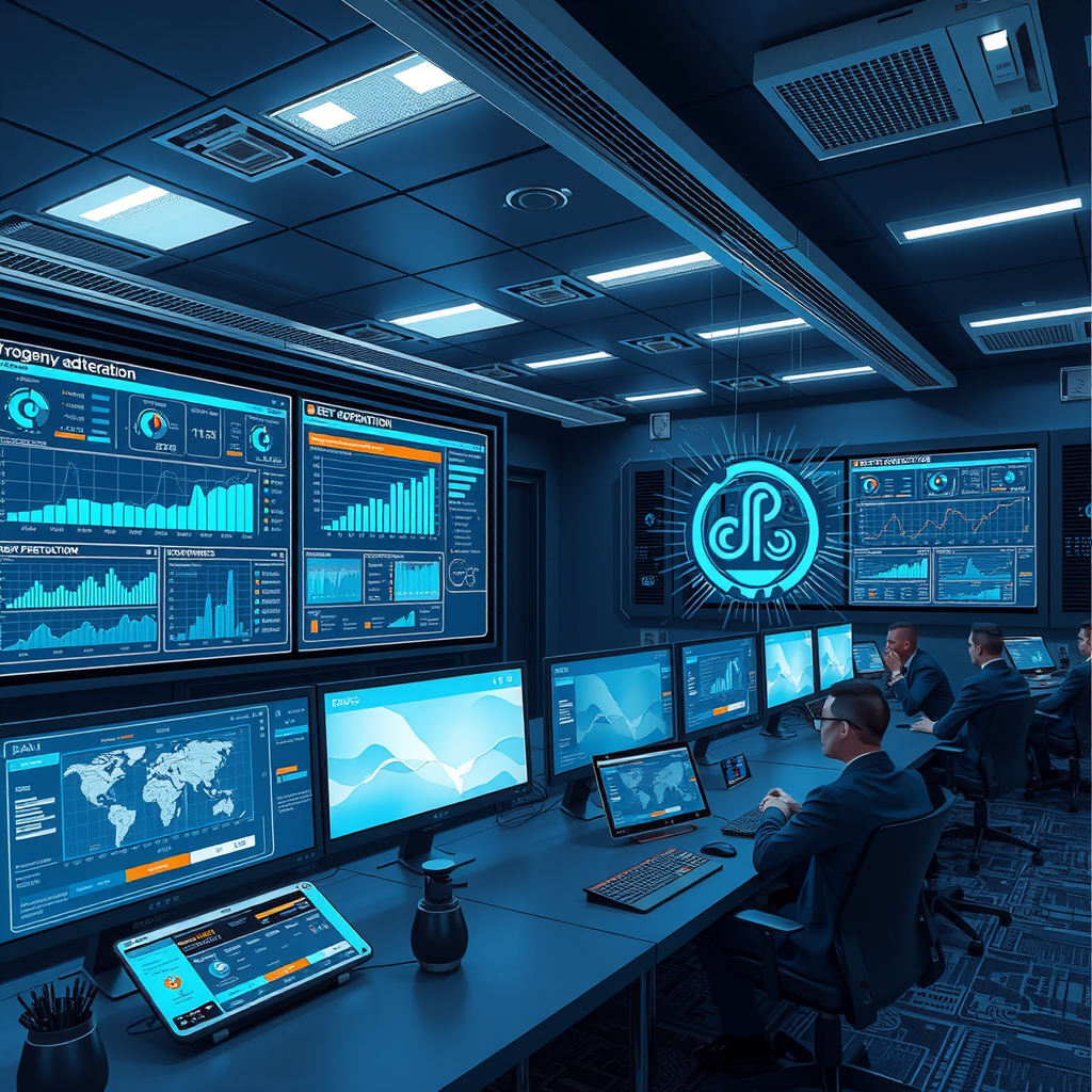 Futuristic finance operations center with holographic displays showing AI-powered analytics, predictive automation dashboards, and integrated intelligent systems managing complex financial processes