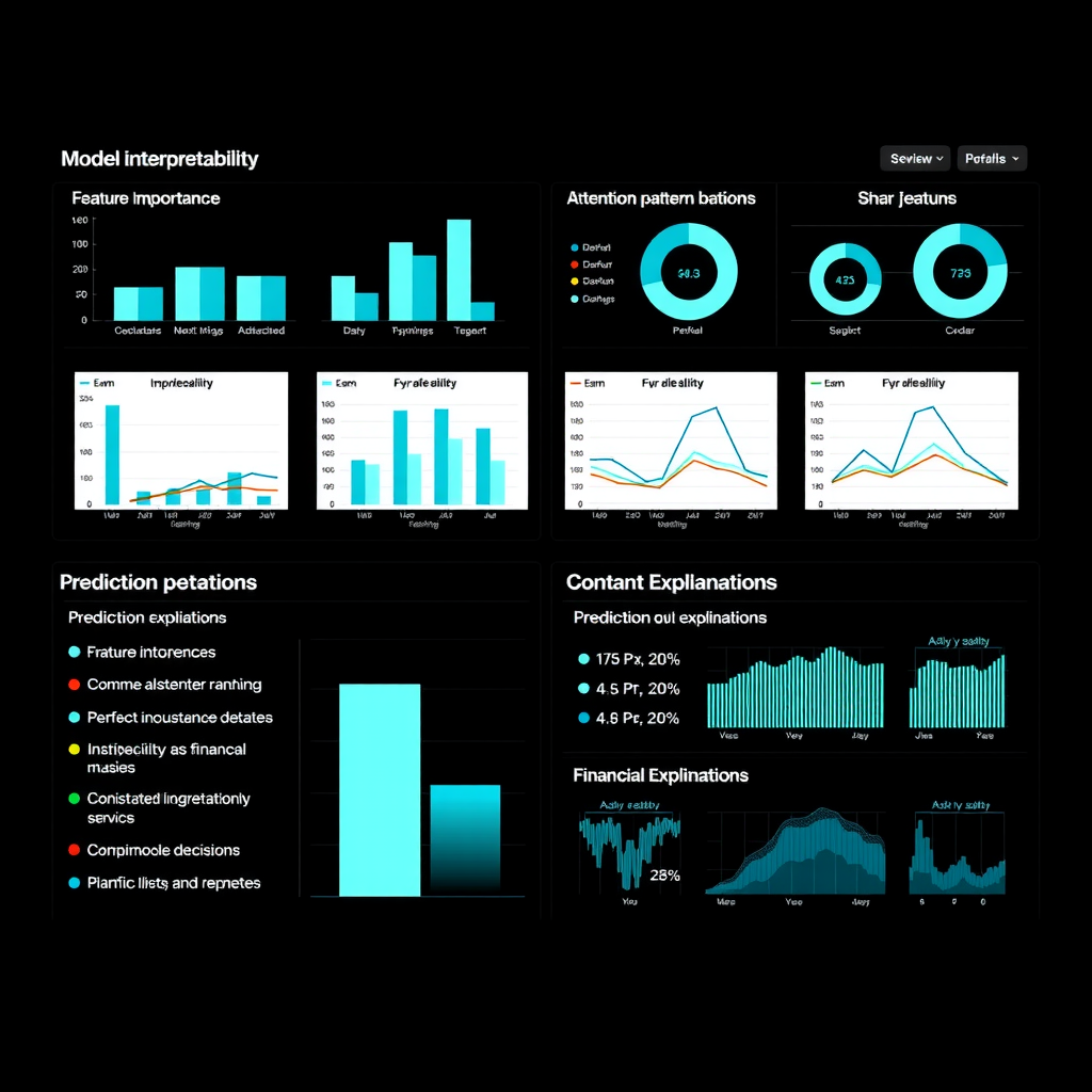 Interactive dashboard displaying model interpretability metrics including feature importance rankings, attention pattern visualizations, and prediction explanations for financial decisions, with clean data visualizations in electric teal and white against dark background