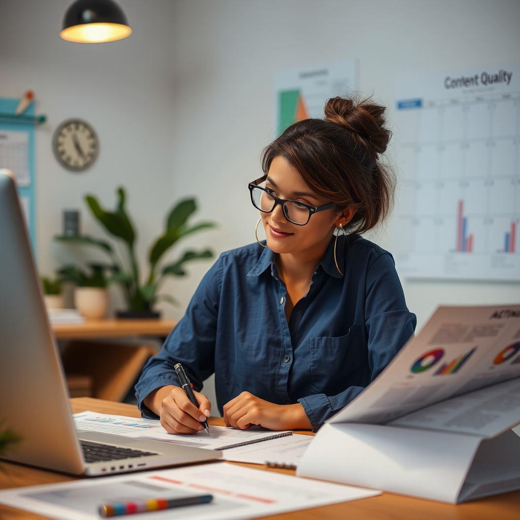 Content strategy team member working on editorial calendar and content planning, surrounded by digital marketing materials and AI technology documentation