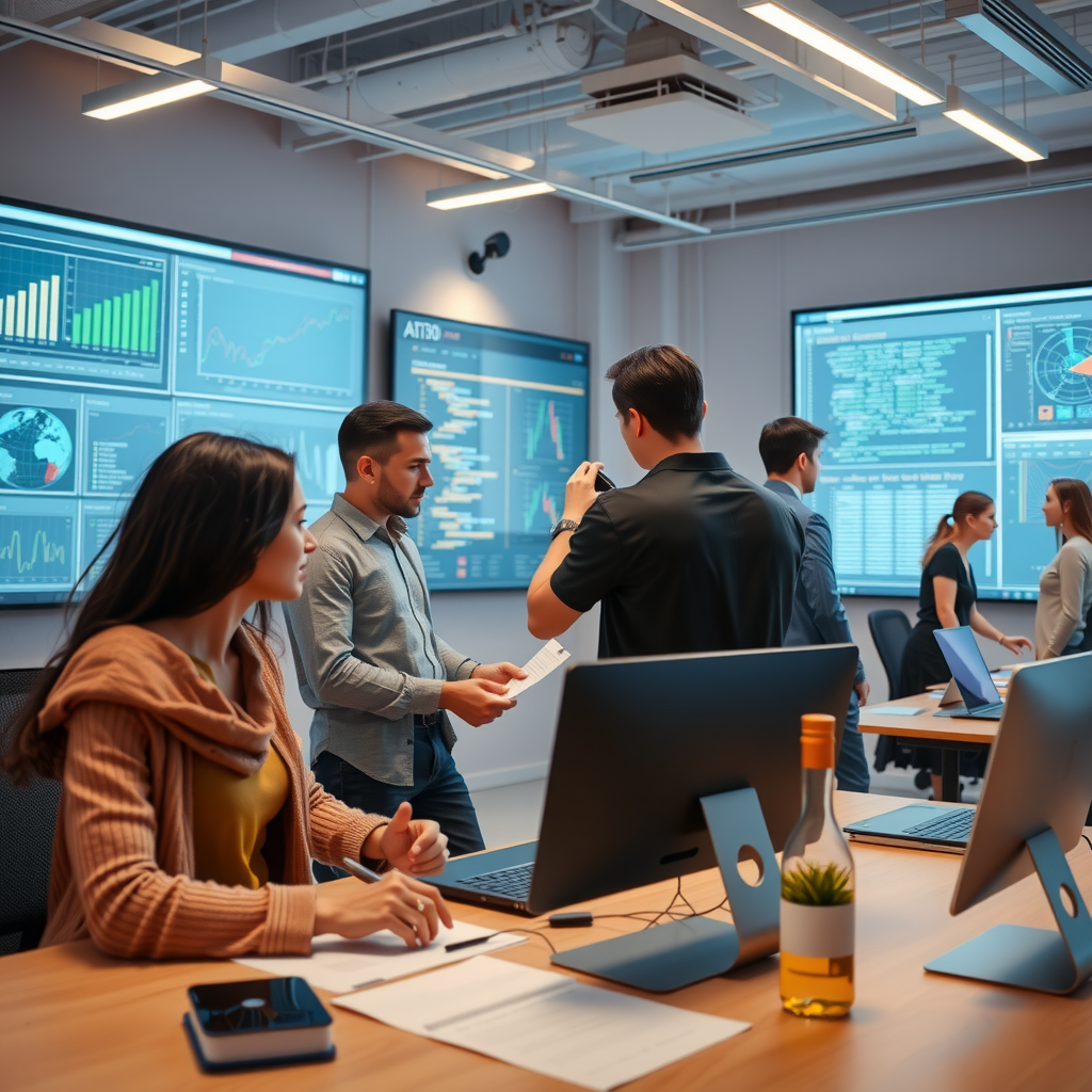 Modern collaborative workspace showing diverse team of professionals working together on AI projects, with large displays showing data visualizations, code, and strategic planning documents in a bright, technology-focused environment
